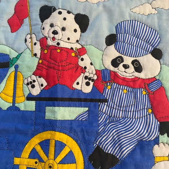 Vintage Handmade Train Baby Kids Quilt Panda Animal 3D Blue Red 31x41 - Picture 4 of 5
